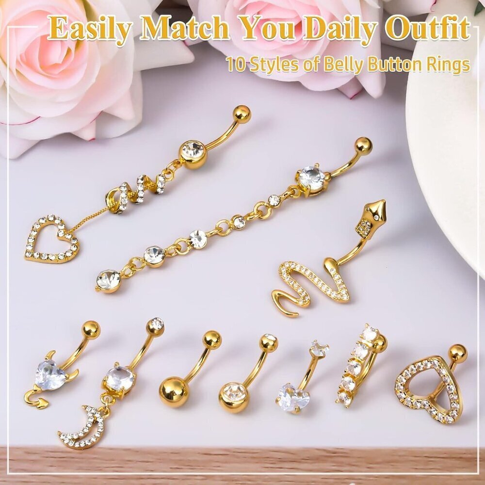 Belly Button Piercing Ring Set 14G Surgical Steel 10PCS Body Jewelry Navel - Picture 5 of 5